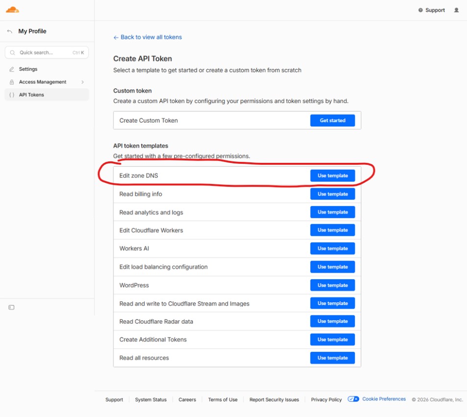 Sur la page Créer un jeton d’API, sous « Modèles de jetons d’API », cliquez sur « Utiliser le modèle » à côté de « Modifier le DNS de la zone » (entouré en rouge).